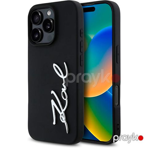 Karl Lagerfeld Silicone Case With Metal Signature Logo For iPhone 16 Pro (KLOHCP16LSCMSMVK) Black — Bakı