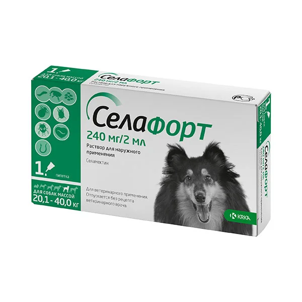 20,1 kq-dan 40 kq-a qədər çəkidə olan itlər üçün bit, birə, bit və gənələrə qarşı Selafort damcıları (1 pipet 240 mq / 2 ml) — Zoo.az — Cats