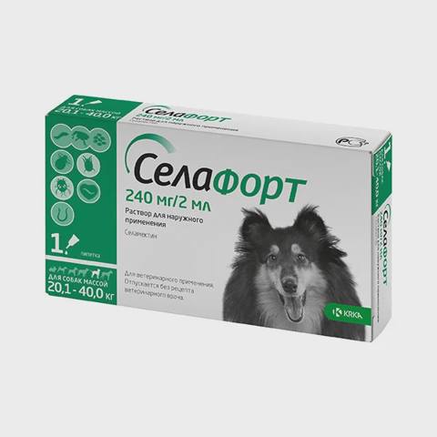 Selafort, çəkisi 20,1 kq-dan 40 kq-a qədər olan itlər üçün bit, birə, tük yeyən və gənələrə qarşı ense damcısı (1 pipet 240 mq/2 ml) — Kediler