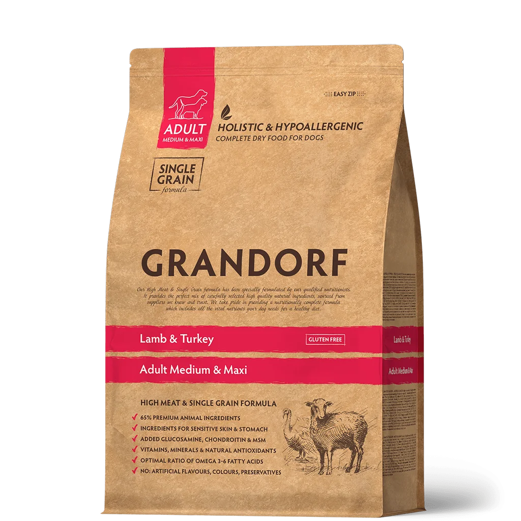 Grandorf Holistic & Hypoallergenic Adult Medium & Maxi Lamb & Turkey, həssas həzmli və ya allergiyaya meylli orta və iri cinsli yetkin itlər üçün quru yem, quzu əti və hinduşka ilə (bütöv kisə, 10 kq) — Bakı