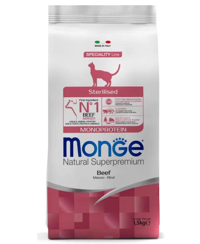 Monge Cat Monoprotein Sterilised Beef sterilizasiya edilmiş pişiklər üçün yem ilə mal əti, 1,5 kq