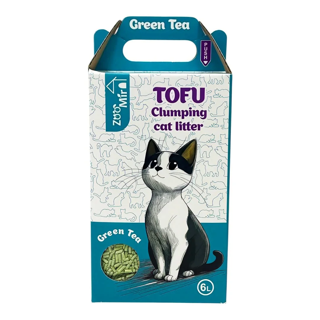 Tofu, yaşıl çay qoxulu üzvi soya paxlası və təbii bitki liflərindən təbii topalaşan pişik qumu, 6 l — Zoo.az — Cats