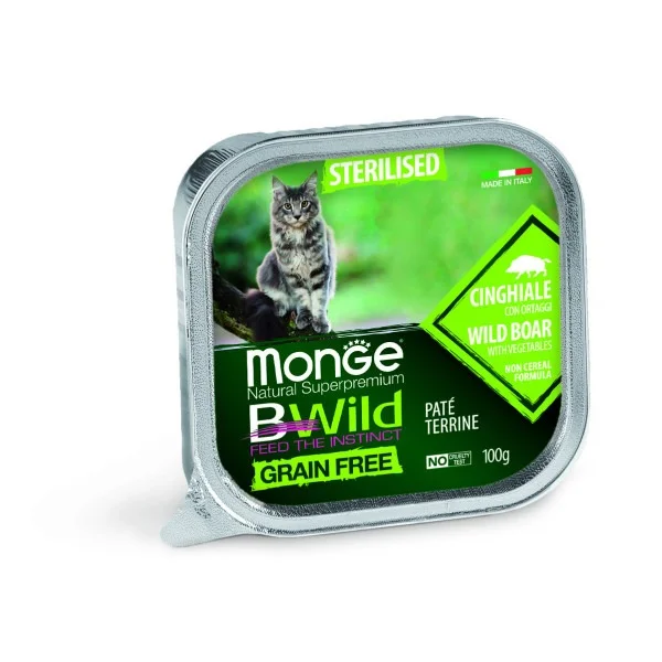 Monge Cat Wild Grain 100 qramlıq laminat paketlərdə vəhşi qaban əti və tərəvəzləri olan sterilizasiya olunmuş pişiklər üçün yaş yem — Bakı