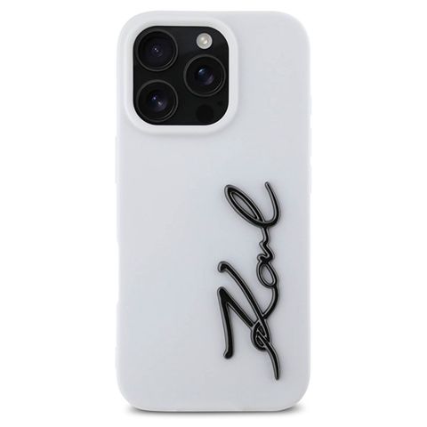 Karl Lagerfeld Silicone Case With Metal Signature Logo For iPhone 16 Pro Max (KLOHCP16XSCMSMVH) White — Bakı