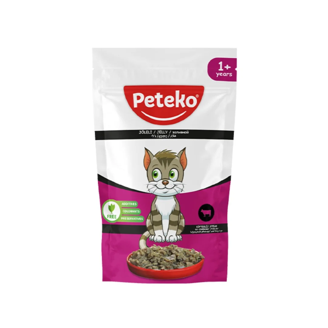 Peteko wet food for adult cat’s with beef in jelly yaş yem üçün böyüklər üçün pişiklər ilə mal əti ilə jele, 85 q — Zoo.az — Cats