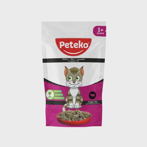 Peteko wet food for adult cat’s with beef in jelly, yetkin pişiklər üçün yaş yem, jele içində mal əti ilə, 85 q — Kediler