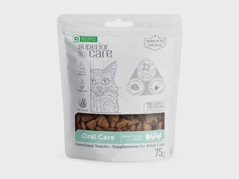 Nature’s Protection Superior Care Oral Care, yetkin pişiklər üçün ağız boşluğuna qulluq üçün mükafat yeməyi, quş əti ilə, 75 q — კატები