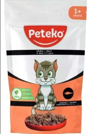 Peteko wet food for adult cat’s with salmon in jelly yaş yem üçün böyüklər üçün pişiklər ilə qızılbalıq ilə jele, 85 q — Zoo.az — Cats