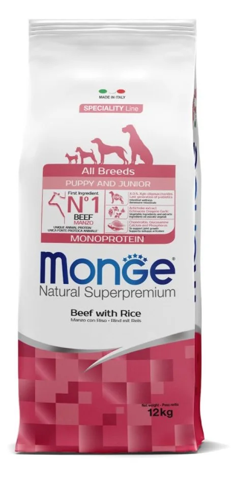 Monge Puppy and Junior Monoprotein Natural Super Premium Beef with Rice, bütün cinslərdən olan bala itlər üçün tək heyvan zülalı mənbəyi olan, mal əti və düyülü balanslaşdırılmış super premium tam rasionlu quru yem (bütöv kisə, 12 kq) — Bakı