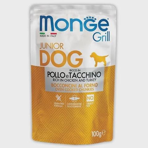 Monge Grill Puppy&Junior, bala itlər üçün tam rasion, toyuq və hinduşka əsasında bişmiş tikələrlə, super premium keyfiyyət, 100 q — Товары для животных