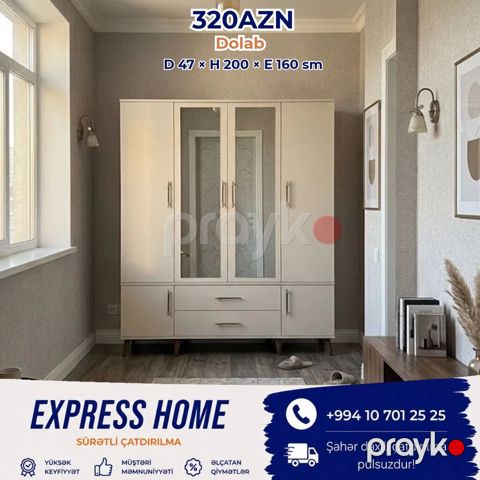 Yeni, 4 qapılı, Güzgülü, Açılan, Düz dolab — Bakı