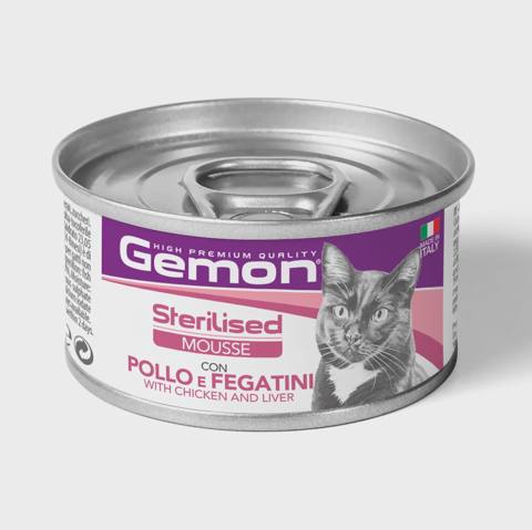 Gemon Sterilised, sterilizasiya olunmuş pişiklər üçün yaş yem, toyuq və qaraciyər ilə, 85 q — კატები