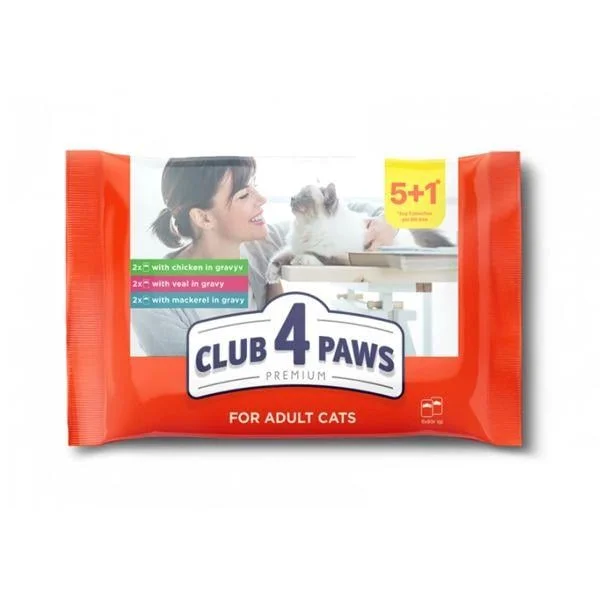 Club 4 Paws Premium 2x Toyuqlu, 2x Dana əti ilə və 2x Skumbriya ilə yaş pişik yemi: mal əti, toyuq və skumbriya, 6×80 q (5+1 Xüsusi) — Bakı