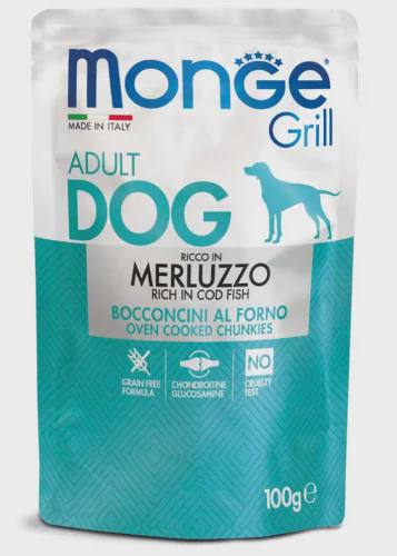 Monge Grill Adult Merluzzo, yetkin itlər üçün bişmiş morina balığı parçaları ilə tam rasion, super premium keyfiyyətli, 100 q — Товары для животных