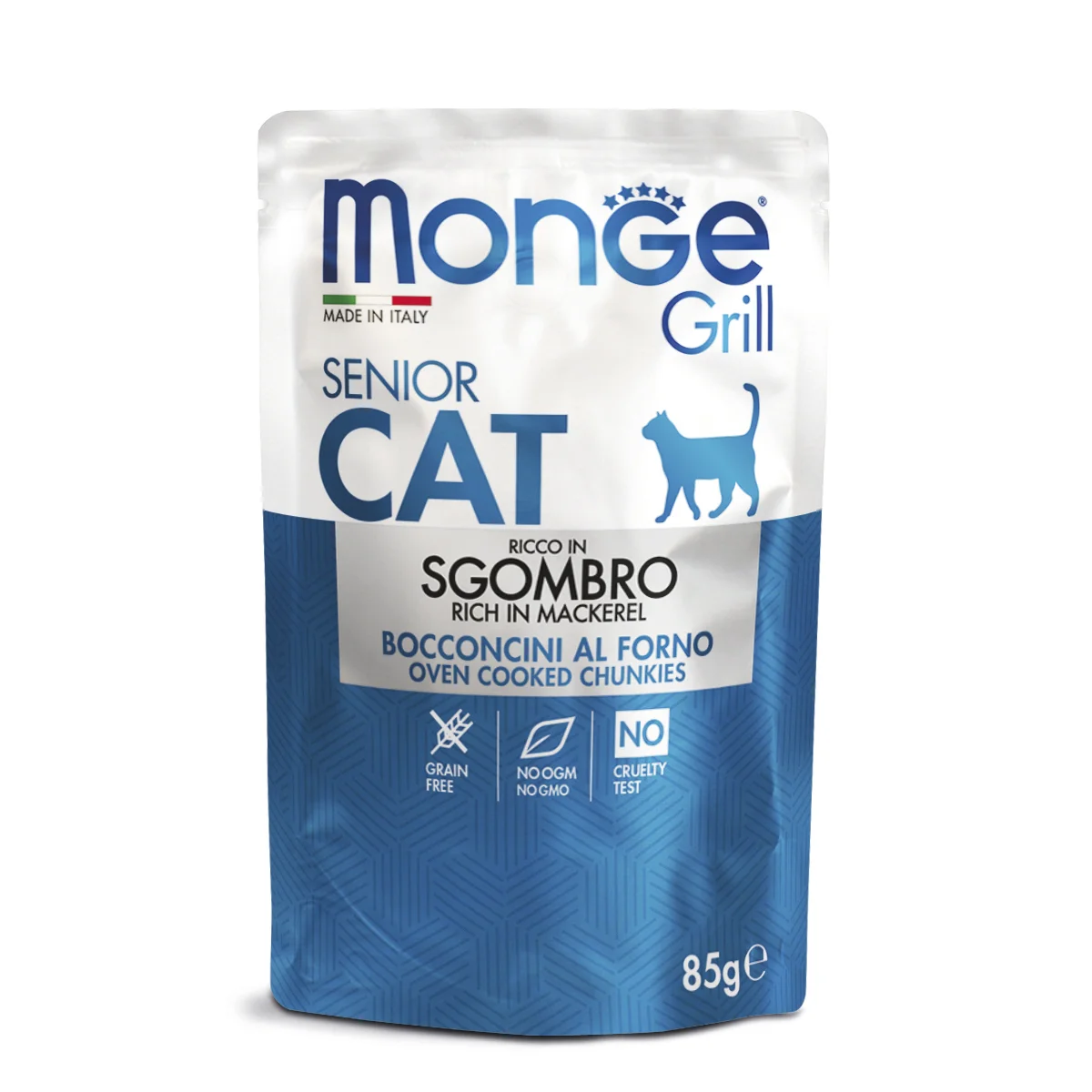 Monge Grill Yaşlı pişiklər üçün tam yem, Ekvador skumbriyası parçaları ilə, 85 q — Zoo.az — Cats