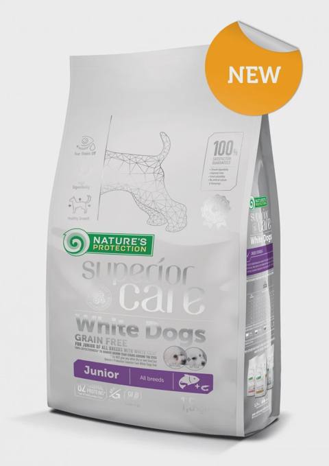 Nature’s Protection White Dogs Grain Free Salmon Junior All Breeds, 3 aydan 12 aya qədər bütün cinslərdən olan ağ tüklü bala itlər üçün tam rasionlu dənəsiz yem (çəki ilə) — Pet supplies