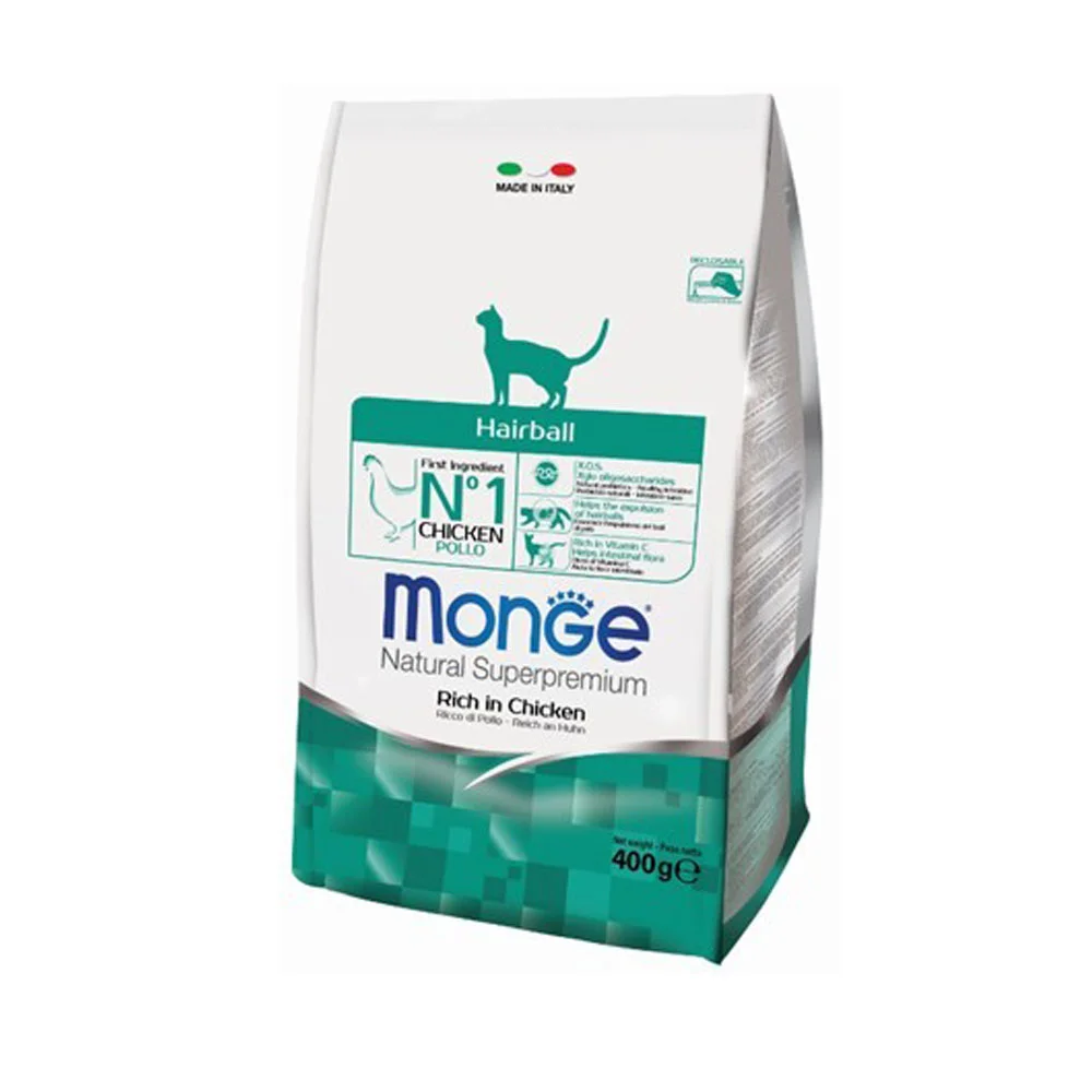 Monge Hairbal Natural Superpremium Chicken, yetkin pişiklər üçün tük topalarının təbii şəkildə təmizlənməsinə kömək edən tam quru yemdir. Tərkibində toyuq var və soya yoxdur. Super premium keyfiyyətlidir və 400 qramlıq ölçüdə olur — Zoo.az — Cats