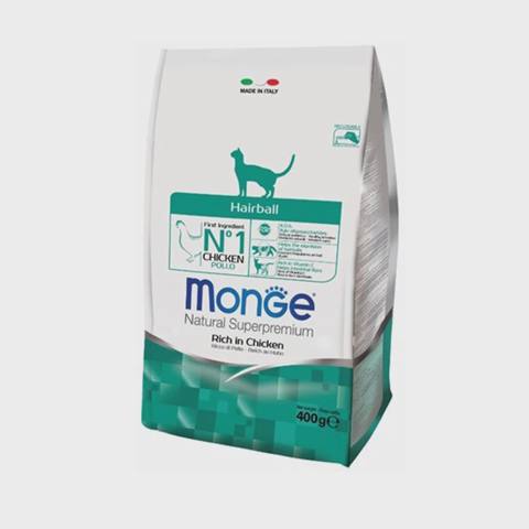 Monge Hairball Natural Superpremium Chicken, yetkin pişiklər üçün tük topalarının təbii şəkildə xaric olunmasına kömək edən tam quru yem, toyuq ilə, soyasız, super premium keyfiyyətli, 400 q — Cats