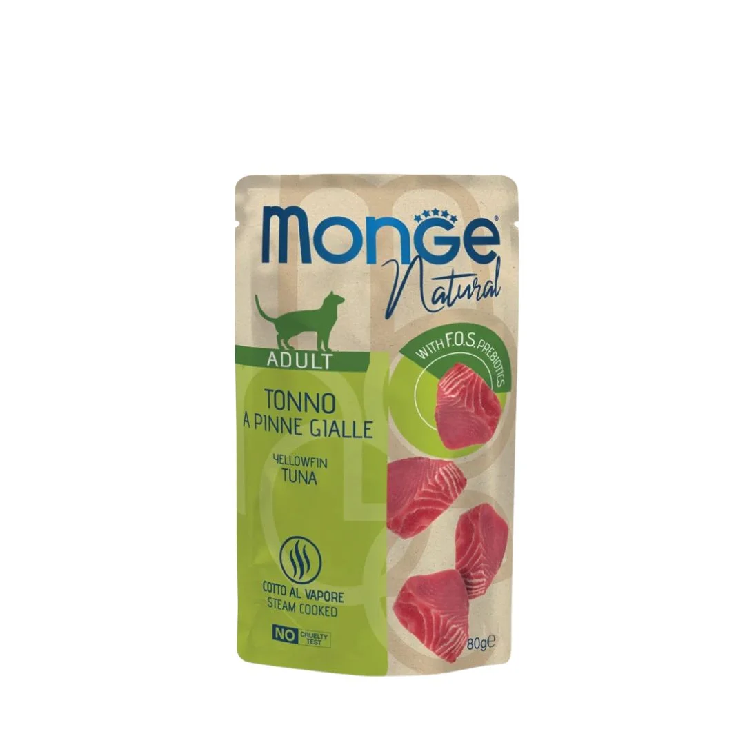 Monge Natural Adult Tonno del Pacifico yaş pişik yemi, Sakit okean tuna balığı ilə jele şəklində, super premium keyfiyyətli, 80 q