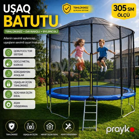 Uşaq üçün batut VipBatut, 305 sm, təhlükəsizlik torlu, üstü bağlı model — Bakı
