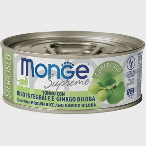 Monge Supreme Cat Sterilised, yetkin sterilizasiya olunmuş pişiklər üçün ton balığı, qəhvəyi düyü və ginkgo biloba ilə, 80 q — Cats