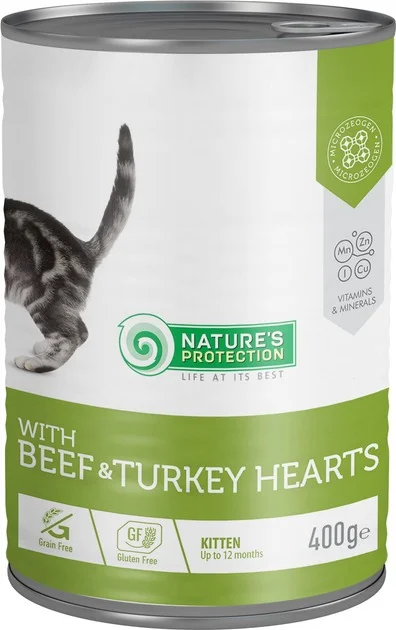 Mal əti və hinduşka ürəkləri ilə Nature’s Protection Pişik balası, mal əti və hinduşka ürəkləri ilə pişik balaları üçün yaş yem, 400 q — Zoo.az — Cats