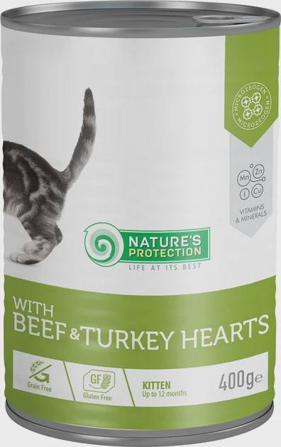 Nature’s Protection Kitten, pişik balaları üçün yaş yem, mal əti və hinduşka ürəkləri ilə, 400 q — კატები