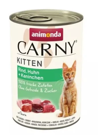 Carny Kitten Mal əti, toyuq və dovşan əti ilə pişik balaları üçün konservləşdirilmiş yem, 400 q — Bakı