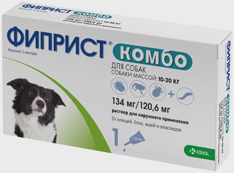 Fiprist Kombo, çəkisi 10-20 kq olan itlər üçün bit, birə, tük yeyən və gənələrə qarşı ense damcısı (1 pipet 134 mq/120,6 mq) — Kediler
