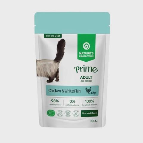 Nature’s Protection Prime Cats Skin & Coat, pişiklər üçün toyuq və balıq ilə yaş yem, 85 q — Мышыктар