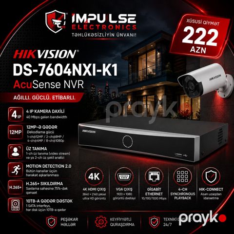 Hikvision 4 Kanal AcuSense 4K NVR Videoqeydiyyatçı DS-7604NXI-K1 — Bakı