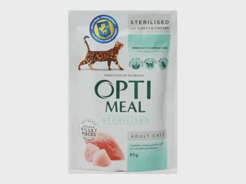 Optimeal Sterilized, sterilizasiya olunmuş pişiklər üçün hinduşka və toyuq ilə, 85 q — Cats