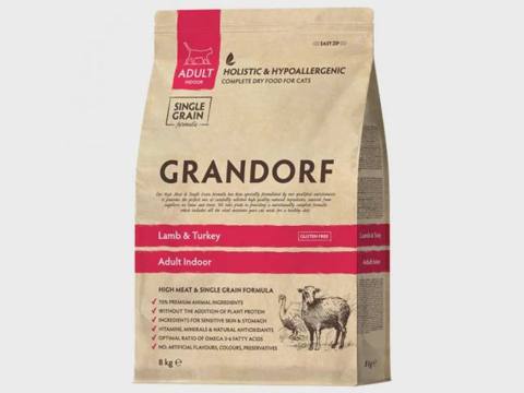 Grandorf Cat Lamb&Turkey Indoor, evdə yaşayan yetkin pişiklər üçün quru yem, quzu və hinduşka ilə, 2 kq — კატები