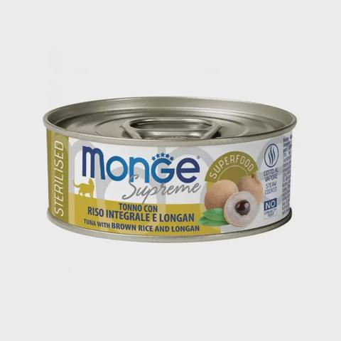 Monge Supreme Cat Sterilised, yetkin sterilizasiya olunmuş pişiklər üçün ton balığı, qəhvəyi düyü və lonqan ilə, 80 q — Cats