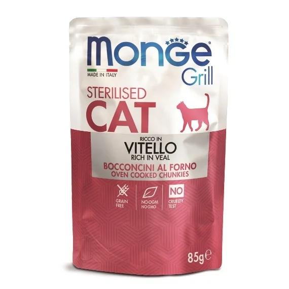 Monge Grill Sterilizasiya olunmuş Vitello, sterilizasiya edilmiş və kastrasiya edilmiş pişiklər üçün tam bir yemdir, jele şəklində italyan dana əti parçaları ilə, super premium keyfiyyətli, 85 qr