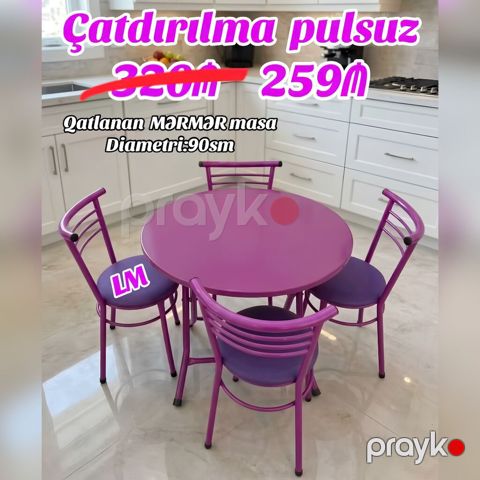 Yeni Mərmər masa dəsti Qatlanan masa+4 stul Qiymət: 259₼ — Bakı