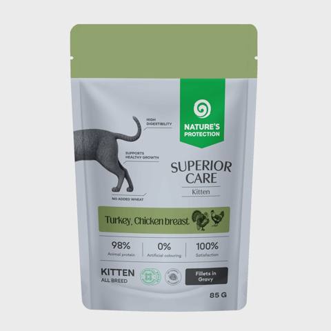 Nature’s Protection Superior Care Kitten Turkey Chicken, pişik balaları üçün sousda hinduşka və toyuq döşü ilə yaş yem, 85 q — Мышыктар