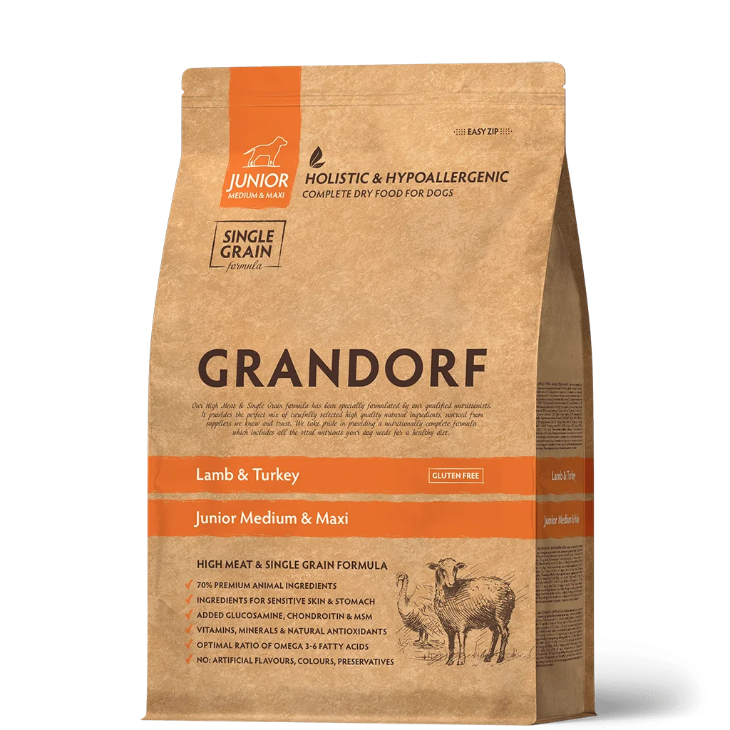 Grandorf Holistic & Hypoallergenic Junior Medium & Maxi Lamb & Turkey, 4 aylıqdan orta və iri cinsli gənc itlər, hamilə və süd verən itlər üçün quru yem (bütöv kisə, 10 kq) — Bakı