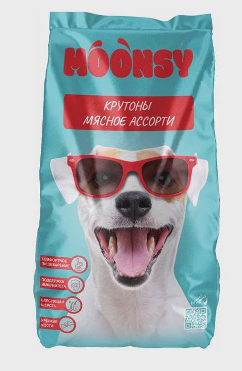 Moonsy, orta cinsli itlər üçün quru yem, ət assortisi ilə (çəki ilə) — ცხოველების მოვლის საშუალებები
