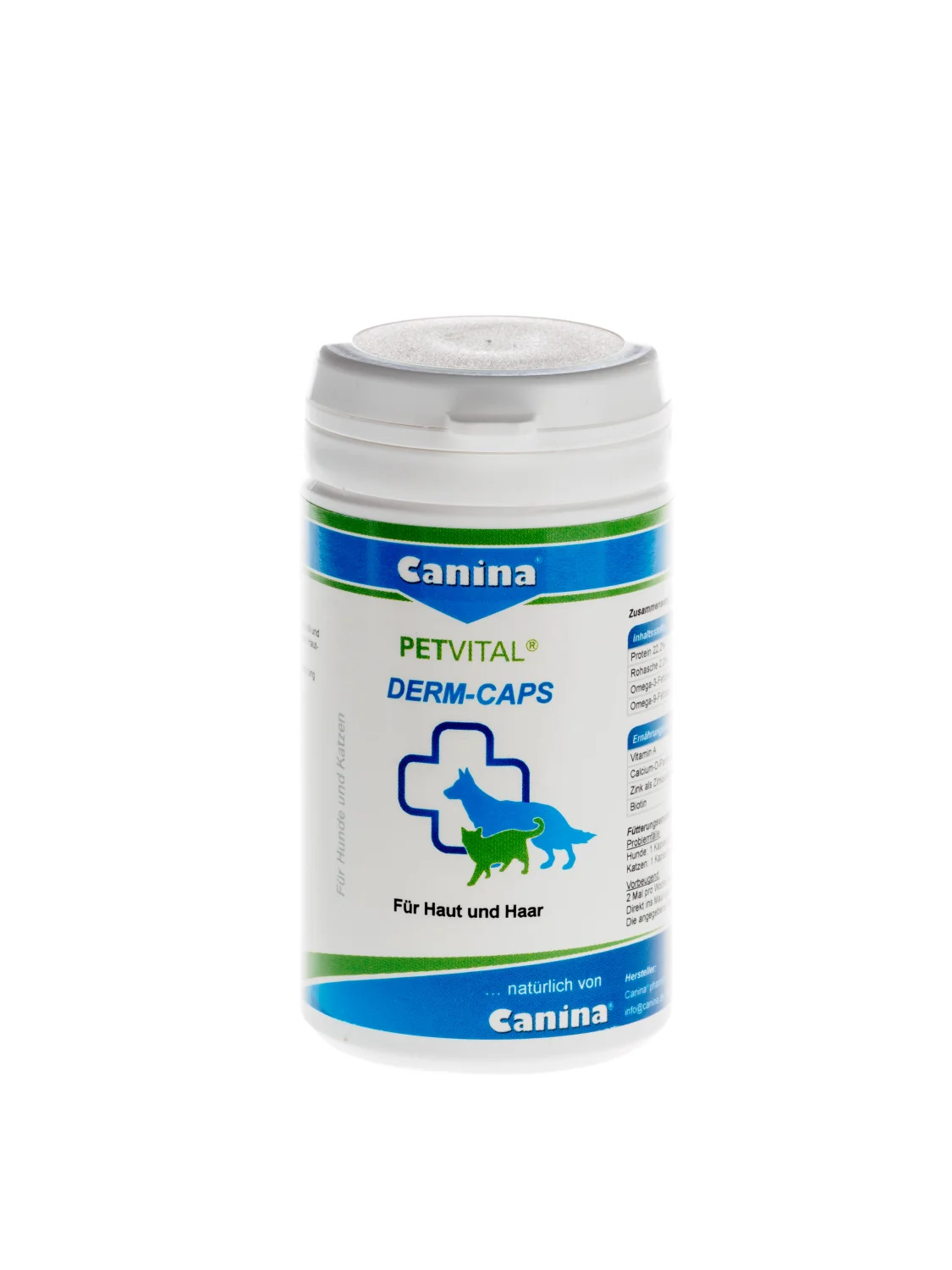 Canina Petvital Derm-Caps, pişik və itlərdə dəri və tük problemləri üçün axşam novruzgülü yağına əsaslanan bir preparatdır, 40 q, 100 kapsul — Bakı
