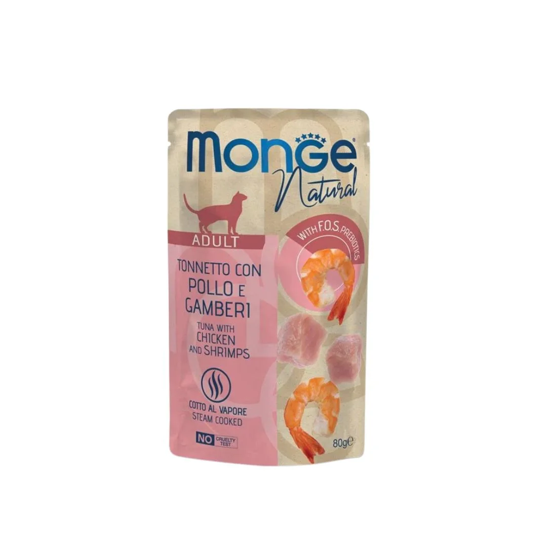 Monge Natural Adult Tonno con Pollo e Gamberetti yaş pişik yemi tuna balığı, toyuq və karides ilə jele içində, super premium keyfiyyətli 80 q