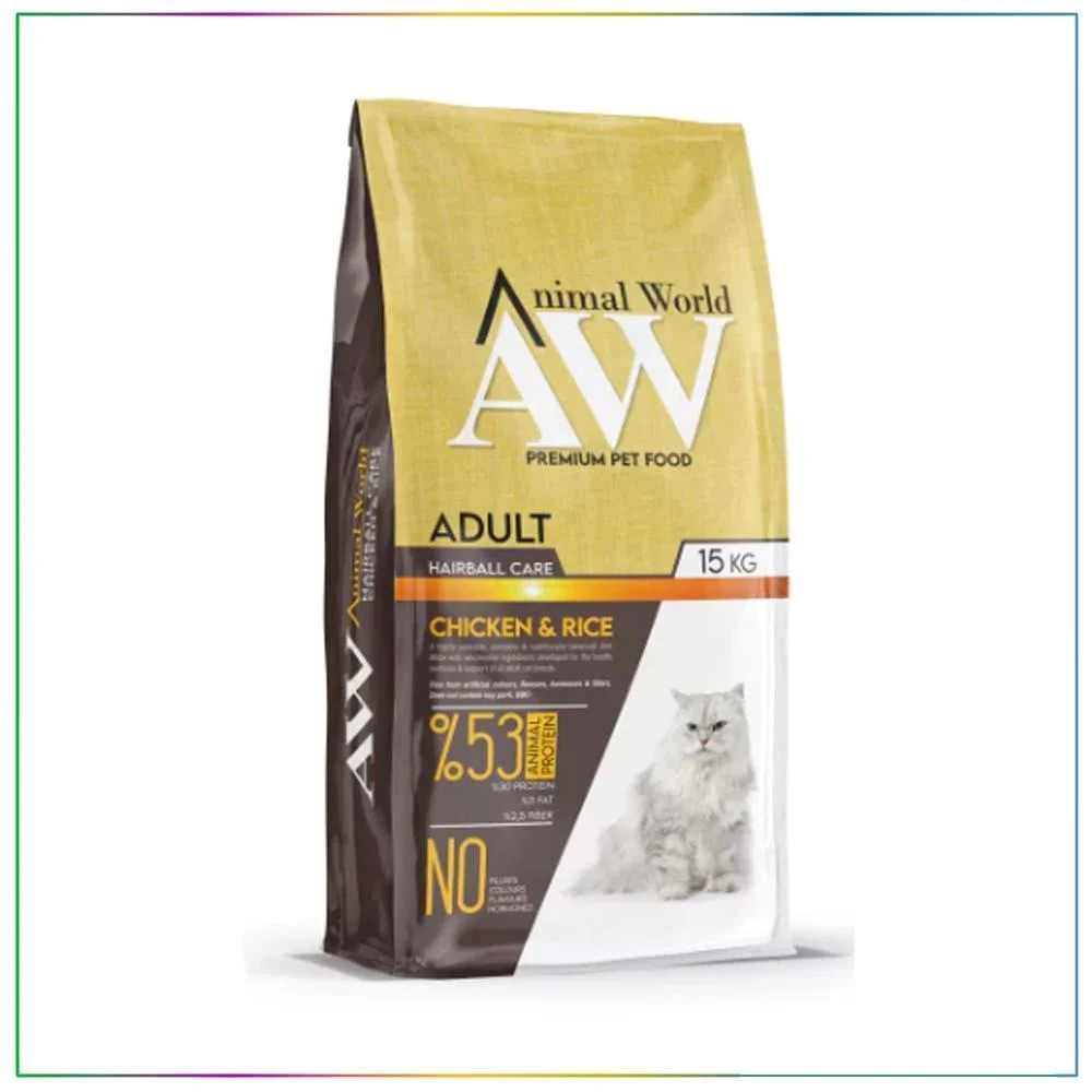 Animal World Hairball Care, yetkin pişiklər üçün quru yem, tük yumaqlarının əmələ gəlməsinə qarşı, toyuq əti və düyü ilə (bütöv kisə, 15 kq) — Bakı
