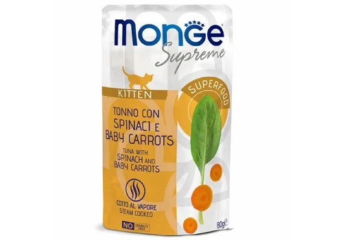 Monge Supreme pişik balaları üçün balanslaşdırılmış yem, ispanaq və körpə yerkökü ilə tuna balığı, 80 q