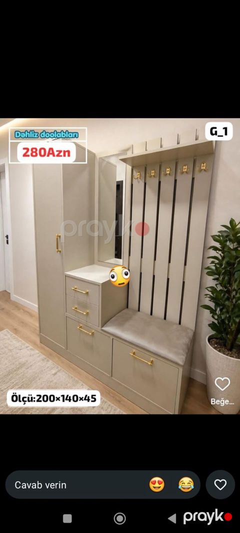 Dəhliz mebeli dəsti - Ölçü: 200×140×45 sm - Rəng: açıq bej/boz — Bakı