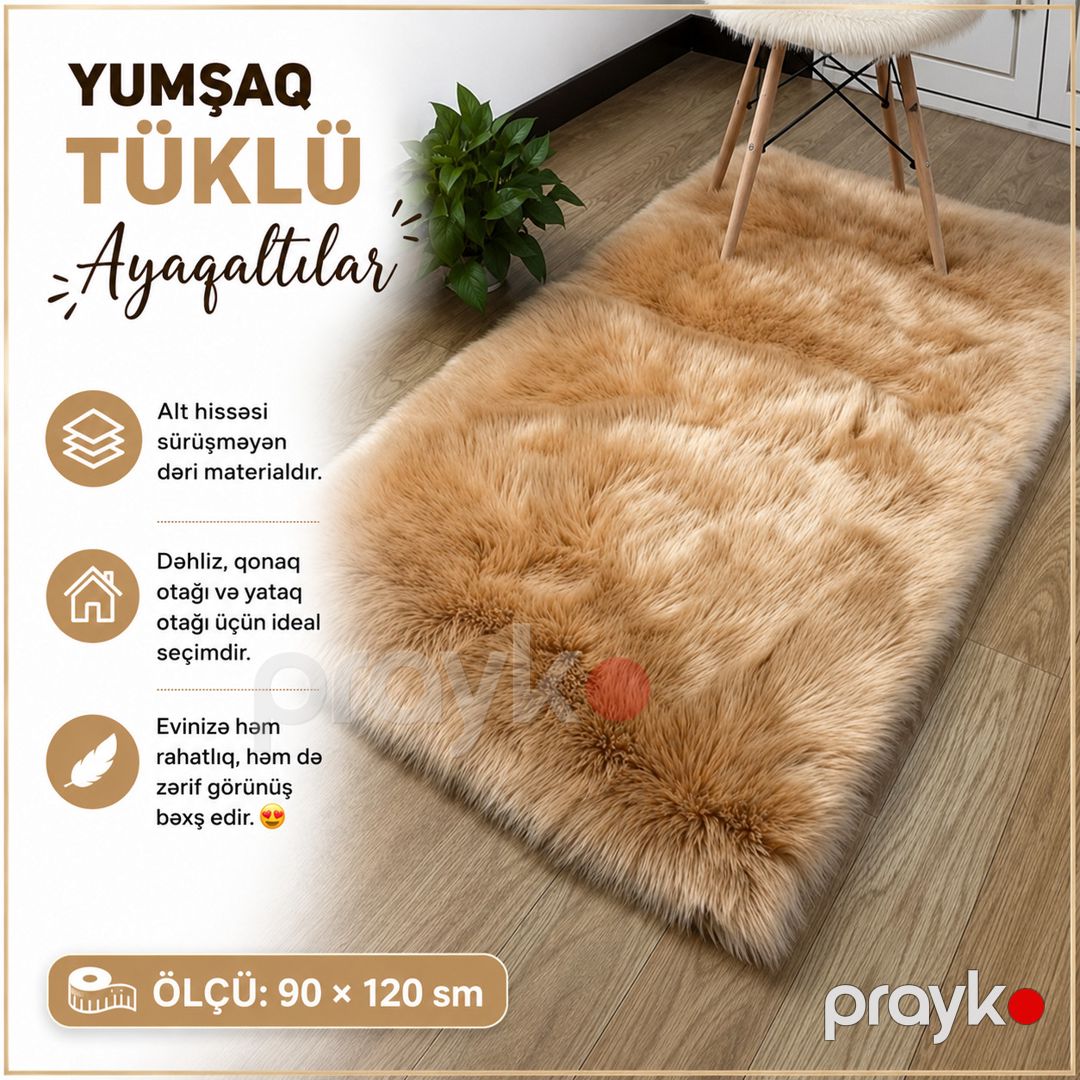 Çarpayı yanı xalça, uzun xovlu, süni xəz, 90х120 sm, açıq bej — Mallar, Bakı