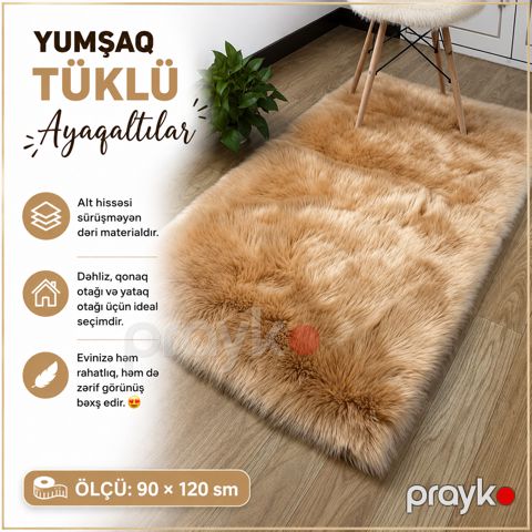 Çarpayı yanı xalça, uzun xovlu, süni xəz, 90х120 sm, açıq bej — Bakı