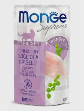 Monge Supreme Cat Sterilised, kastrasiya olunmuş və sterilizasiya olunmuş yetkin pişiklər üçün, ton balığı, sarıüzgəcli kambala və yaşıl noxud ilə, 80 q — Cats