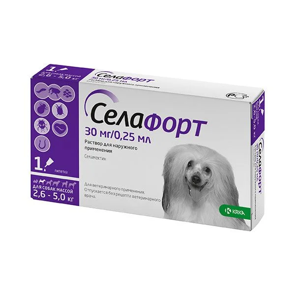 2,6 kq-dan 5 kq-a qədər çəkidə olan itlər üçün bit, birə, bit və gənələrə qarşı Selafort damcıları (1 pipet 30 mq 0,25 ml) — Zoo.az — Cats
