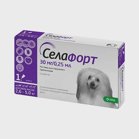 Selafort, çəkisi 2,6 kq-dan 5 kq-a qədər olan itlər üçün bit, birə, tük yeyən və gənələrə qarşı ense damcısı (1 pipet 30 mq/0,25 ml) — Kediler