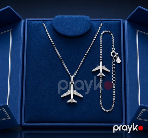 Təyyarə Formalı Boyunbağı və Bilərzik Dəsti, Gümüş Rəngli, Hədiyyə Qutulu — Bakı